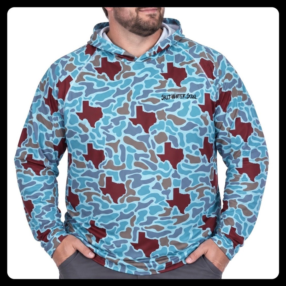 Salt Water Soul Hoodie Men XXL Blue Texas Maroon Camo Performance Fishing UPF UV